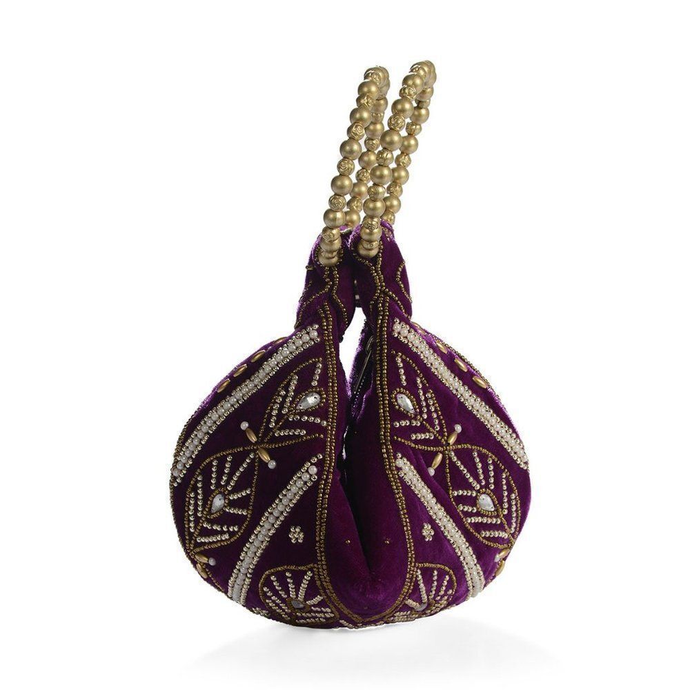 Embroidered Velvety Leaf Pattern Potli Purple